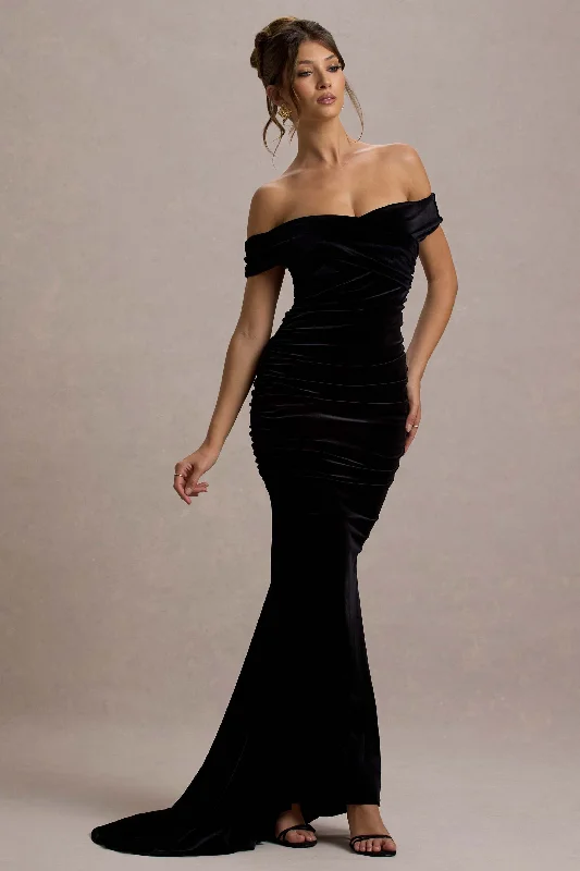 Strapless Women Dress with a Built - in Bra for Comfort and SupportApolline | Black Velvet Off The Shoulder Ruched Fishtail Maxi Dress