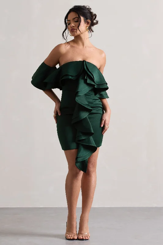 Empire Waist Women Dress to Accentuate the Bust and Conceal the WaistAspen | Bottle Green Bardot Mini Dress With Ruffles