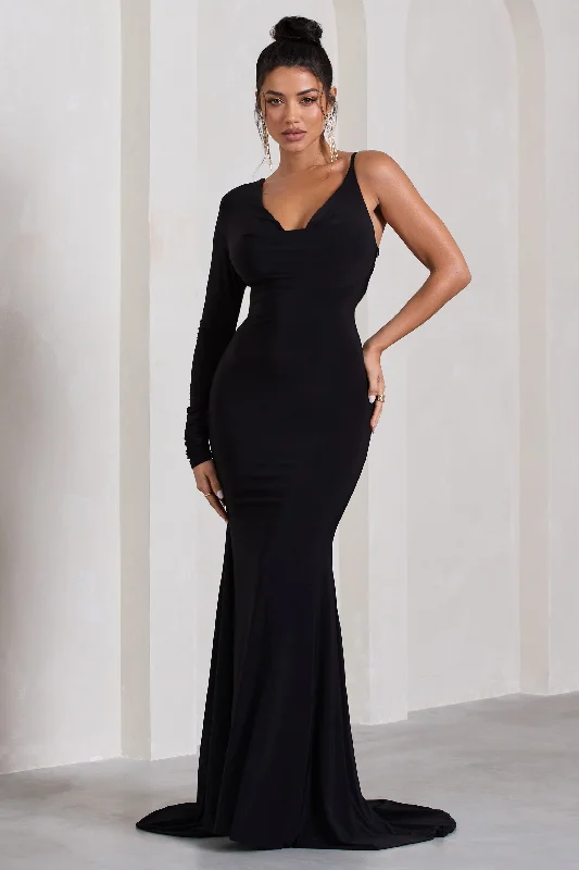 Backless Women Dress for a Sexy and Alluring Look at Evening EventsAt Dusk | Black One-Sleeved Cowl-Neck Fishtail Maxi Dress