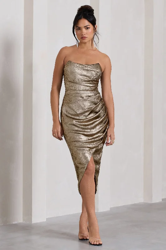 Backless Women Dress for a Sexy and Alluring Look at Evening EventsBlizzard | Gold Metallic Corset Wrap Midi Dress