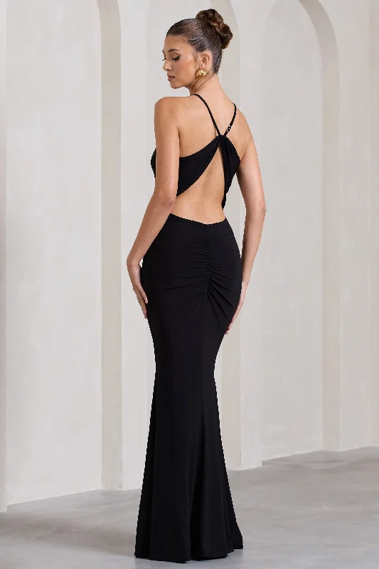 Strapless Women Dress with a Built - in Bra for Comfort and SupportBrianna | Black Sleeveless Halter-Neck Open-Back Maxi Dress