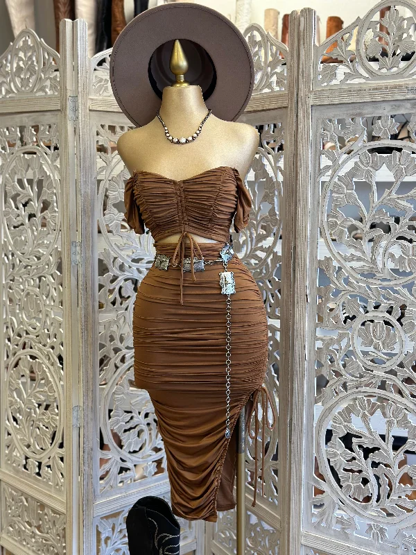 Lace - Embellished Women Dress for an Elegant and Sophisticated AppearanceBrown Ruched Cutout Dress- Stretchy