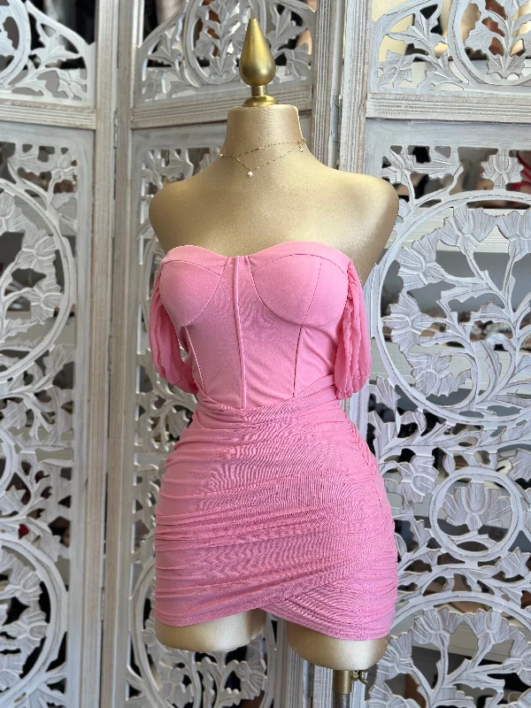 Mermaid - Style Women Dress with a Fitted Silhouette for Special OccasionsBubble Pink Off Shoulder Ruched Mini Dress- Stretchy