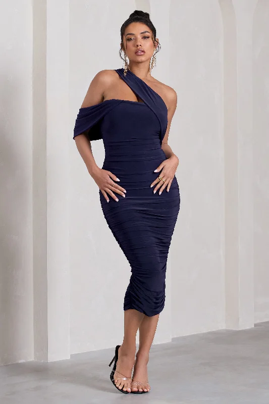 Lace - Embellished Women Dress for an Elegant and Sophisticated AppearanceCici | Navy Asymmetric One Shoulder Ruched Midi Dress