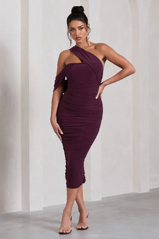 Shift Women Dress with a Simple and Classic Design for Everyday WearCici | Plum Asymmetric One Shoulder Ruched Midi Dress