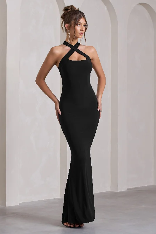 Little Black Women Dress with Sequins for a Glamorous Night OutCross My Heart | Black Sleeveless Cross-Neck Maxi Dress