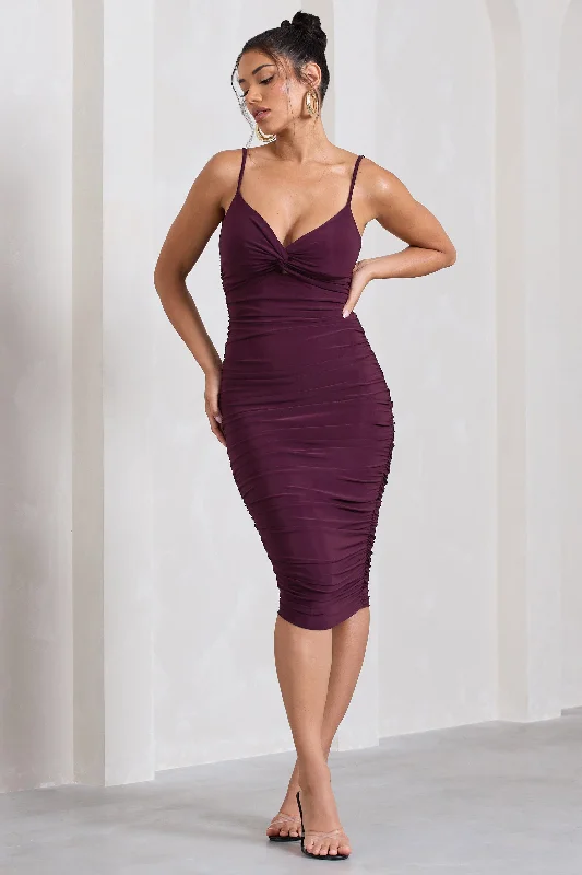 Halter Neck Women Dress to Show Off the Shoulders and NecklineDesired | Plum Ruched Strappy Midi Dress