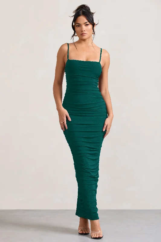 Little Black Women Dress with Sequins for a Glamorous Night OutEllis | Bottle Green Ruched Mesh Strappy Bodycon Maxi Dress