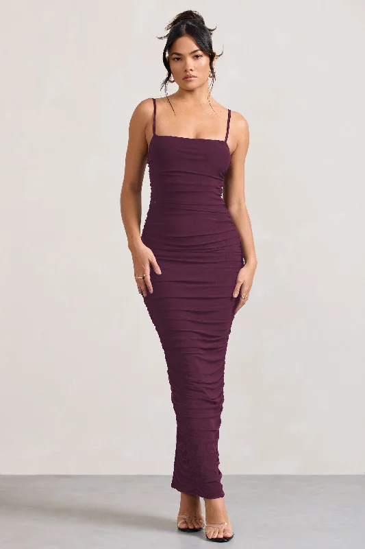 Sheath Women Dress with a Tailored Fit for a Professional LookEllis | Plum Ruched Mesh Strappy Bodycon Maxi Dress