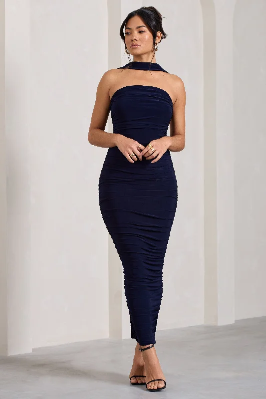 Shift Women Dress with a Simple and Classic Design for Everyday WearEntranced | Navy Ruched Bandeau Maxi Dress With Halter Collar