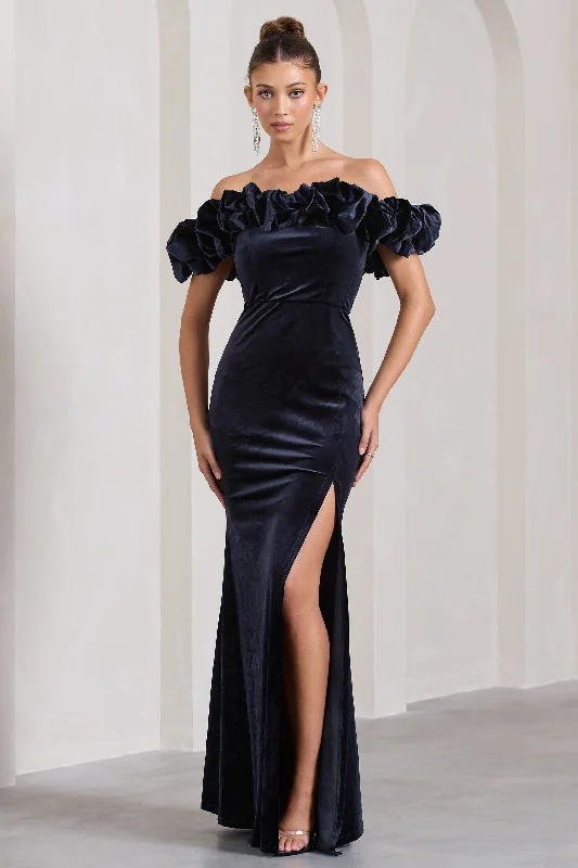 Empire Waist Women Dress to Accentuate the Bust and Conceal the WaistEsmeralda | Navy Velvet Structured Ruffled Bardot Maxi Dress