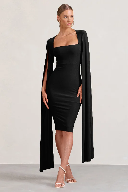 Empire Waist Women Dress to Accentuate the Bust and Conceal the WaistFlawless | Black Square Neck Midi Dress With Cape Sleeves