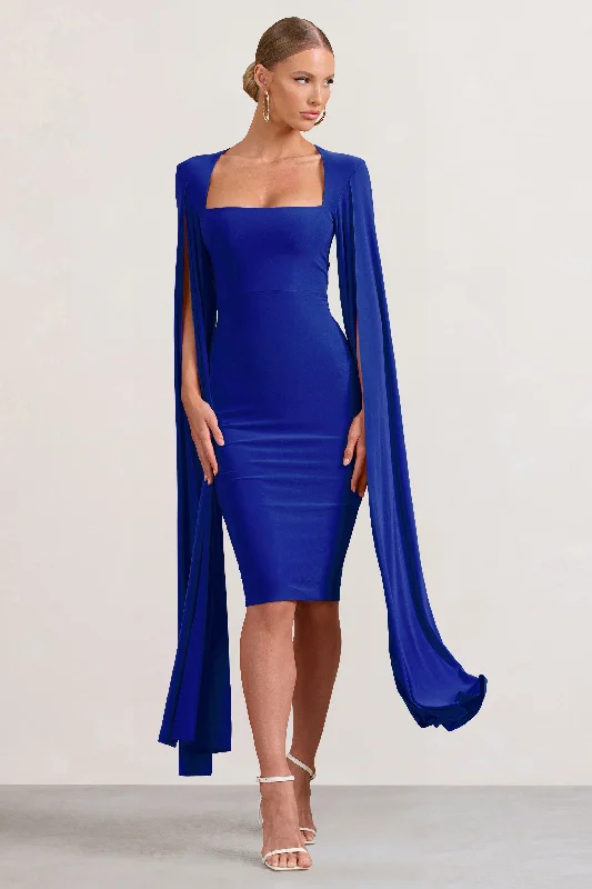 Plus Size Women Dress with a Flattering A - Line Cut for Comfort and StyleFlawless | Cobalt Blue Square Neck Midi Dress With Cape Sleeves