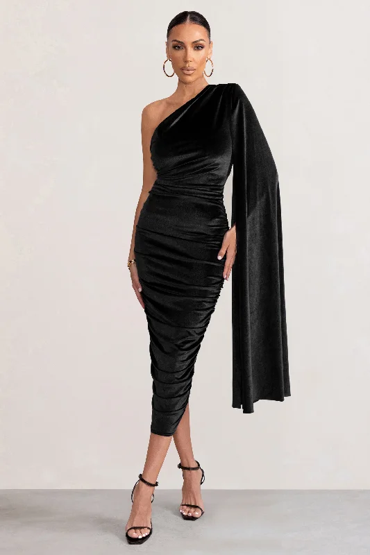 Strapless Women Dress with a Built - in Bra for Comfort and SupportGianna | Black Velvet One Shoulder Cape Bodycon Midi Dress