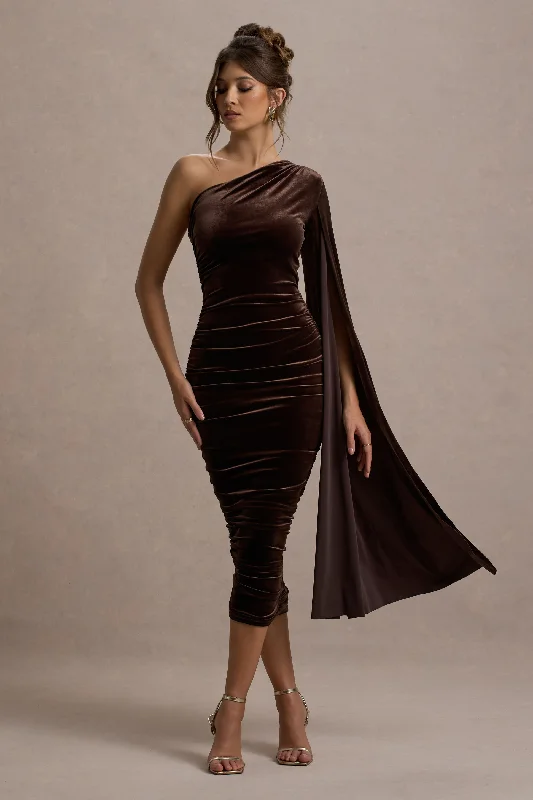 Off - the - Shoulder Women Dress for a Romantic and Feminine LookGianna | Chocolate Velvet One Shoulder Cape Bodycon Midi Dress