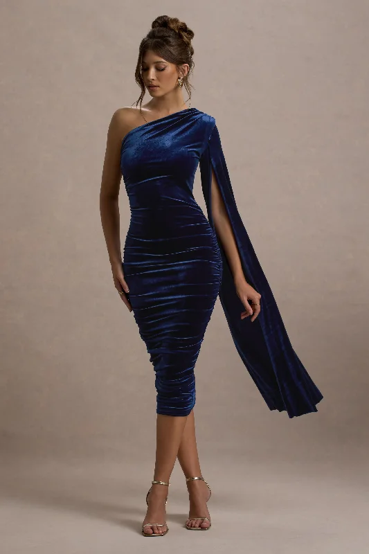 Halter Neck Women Dress to Show Off the Shoulders and NecklineGianna | Navy Velvet One Shoulder Cape Bodycon Midi Dress