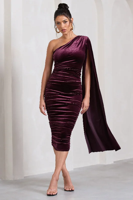 Long - Sleeve Women Dress in Velvet for a Luxurious Winter LookGianna | Port Velvet One Shoulder Cape Bodycon Midi Dress