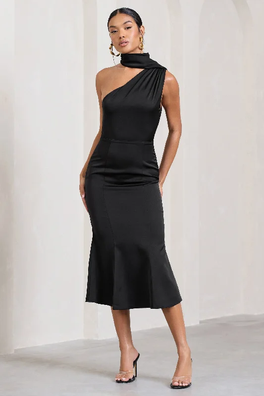 Off - the - Shoulder Women Dress for a Romantic and Feminine LookGolden Girl | Black Satin One Shoulder High-Neck Flared Midi Dress