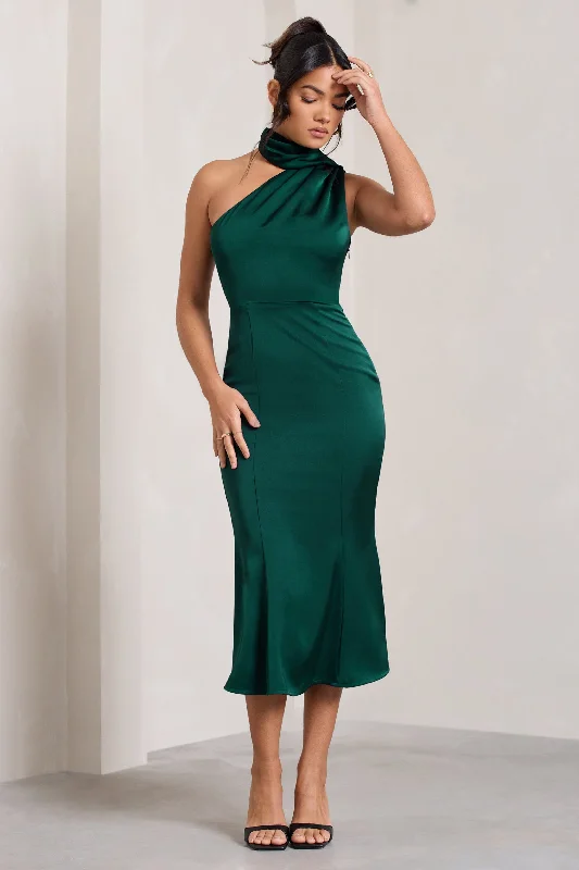 Wrap - Style Women Dress with Adjustable Fit for All Body TypesGolden Girl | Bottle Green Satin One Shoulder High-Neck Flared Midi Dress