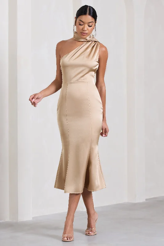 Empire Waist Women Dress to Accentuate the Bust and Conceal the WaistGolden Girl | Champagne Satin One Shoulder High-Neck Flared Midi Dress