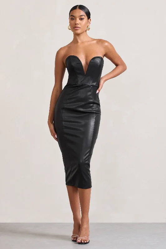 Ruffled Women Dress with Multiple Layers for a Playful and Girly StyleHailey | Black Faux Leather Strapless Sweetheart Corset Midi Dress