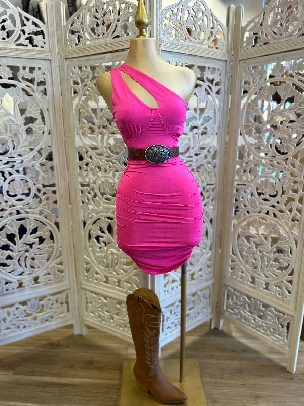 Empire Waist Women Dress to Accentuate the Bust and Conceal the WaistHot Pink One Sleeve Cutout Mini Dress- Stretchy