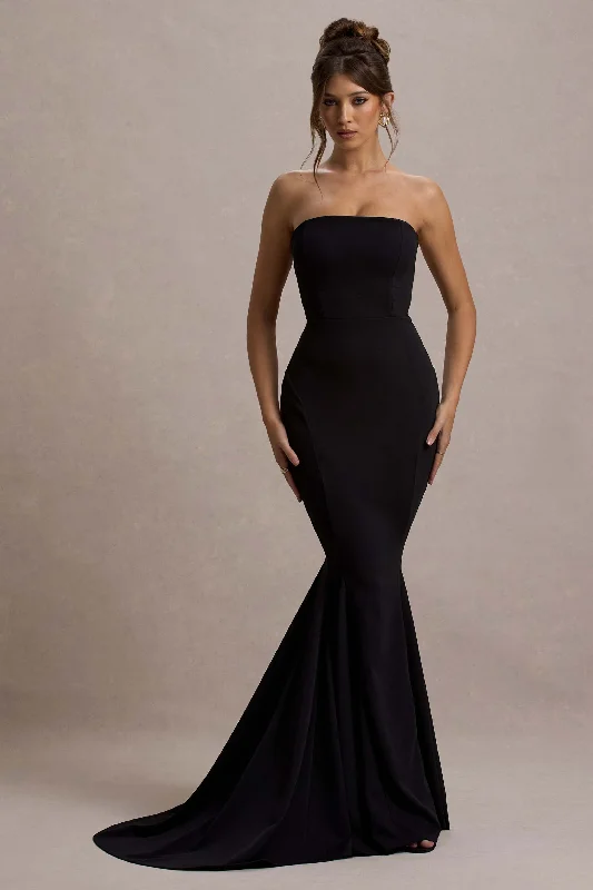 Lace - Embellished Women Dress for an Elegant and Sophisticated AppearanceImpress Me | Black Strapless Bandeau Fishtail Maxi Dress