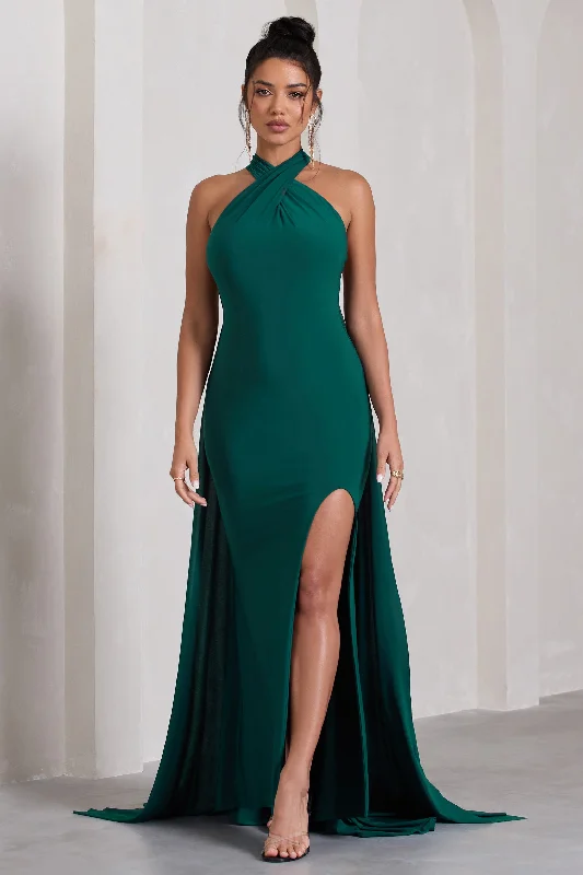 Mini Women Dress with a Short Hem for a Young and Trendy StyleIntertwined | Bottle Green Halter-Neck Open-Back Split Maxi Dress With Scarf Detail