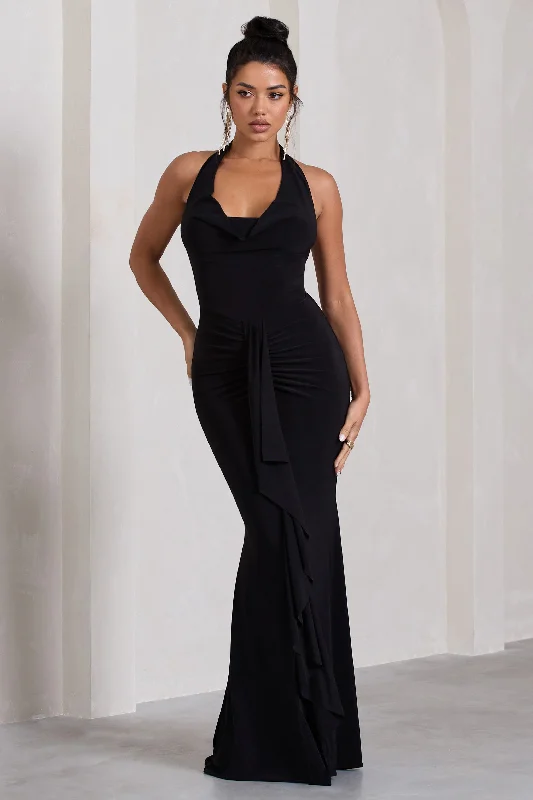 Strapless Women Dress with a Built - in Bra for Comfort and SupportKaia | Black Ruched Cowl-Neck Maxi Dress With Drape