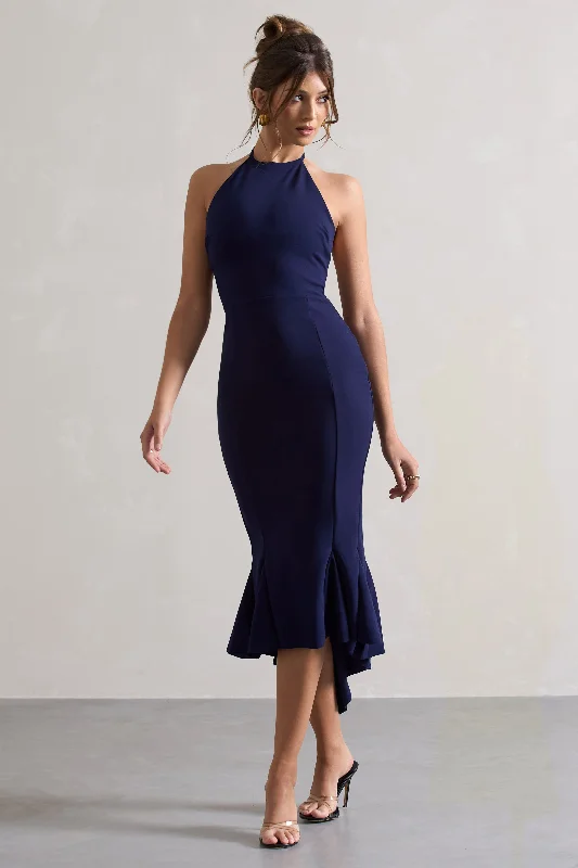 Printed Abstract Women Dress for a Modern and Artistic AppealMaluma | Navy Halter-Neck Midi Dress