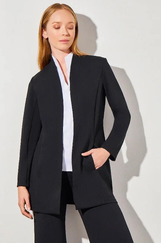 Women's Tailored Stretch Blazers in Navy Blue for Business MeetingsMandarin Collar Open Front Deco Crepe Jacket