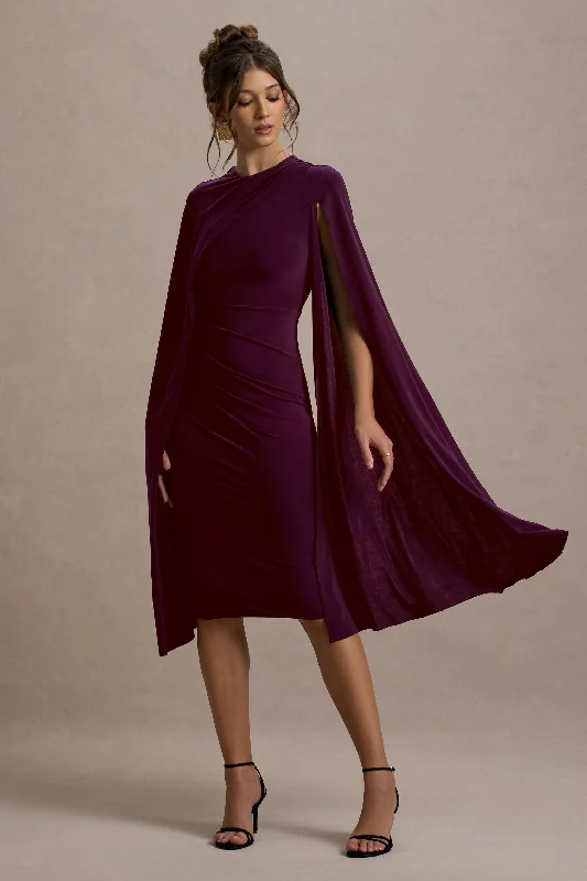 Ball Gown Women Dress with a Full Skirt for a Princess - like LookMarysol | Plum Asymmetric Cape Midi Dress