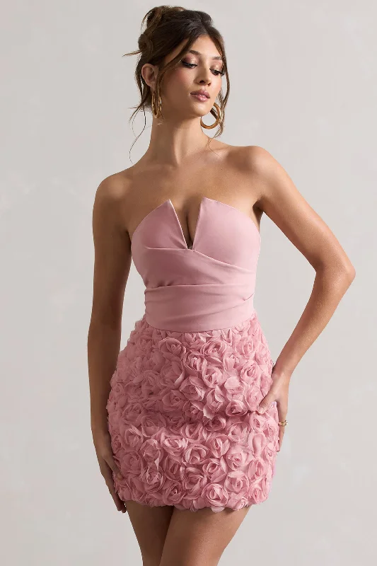 Lace - Embellished Women Dress for an Elegant and Sophisticated AppearanceMaya | Blush Pink Floral Mesh Strapless Mini Dress