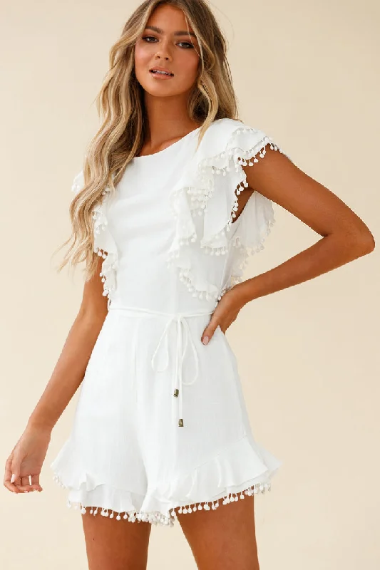 Lace - Embellished Women Dress for an Elegant and Sophisticated AppearanceMust Be Nice Frill Shoulder Circle Trim Romper White