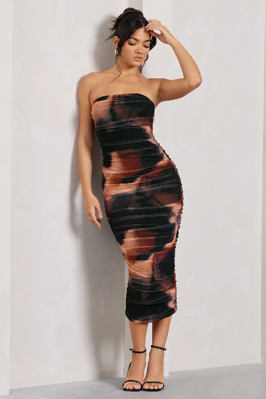 Printed Abstract Women Dress for a Modern and Artistic AppealMy Girl | Orange Smoke Print Strapless Bodycon Ruched Mesh Midi Dress