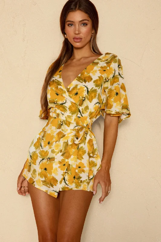 Wrap - Style Women Dress with Adjustable Fit for All Body TypesNadi V-Neckline Wrap Romper Flower Paint Print Yellow