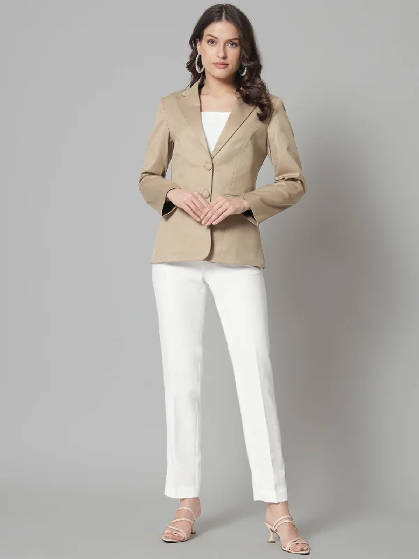 Women's Longline Linen Blazers in Pastel Colors for Summer EventsNotch Collar Polly Cotton Blazer- Beige