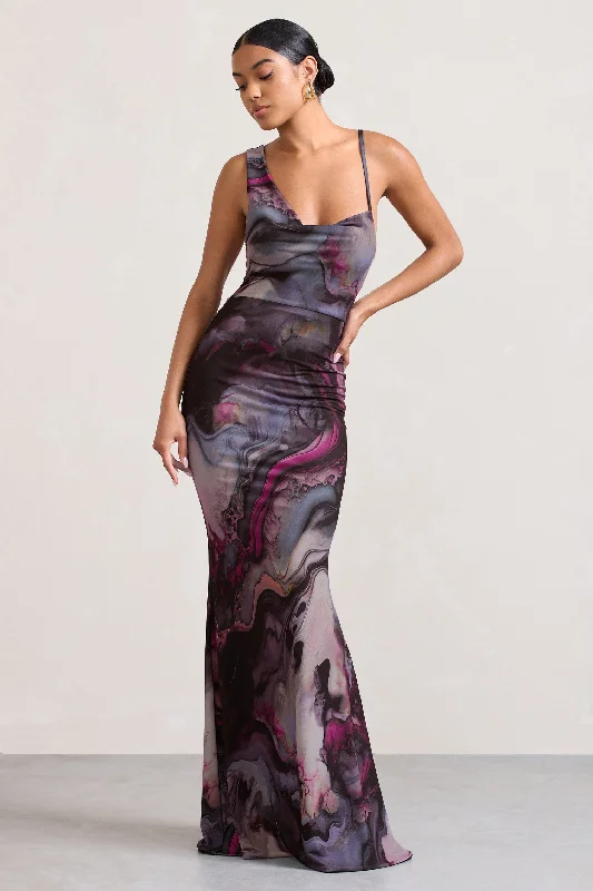 Backless Women Dress for a Sexy and Alluring Look at Evening EventsPhantasy | Marble Print Asymmetric Neckline Cowl Maxi Dress