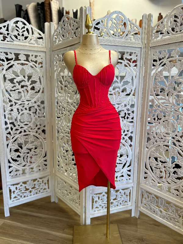 Shift Women Dress with a Simple and Classic Design for Everyday WearRed Corset Draped Dress- Super Stretchy