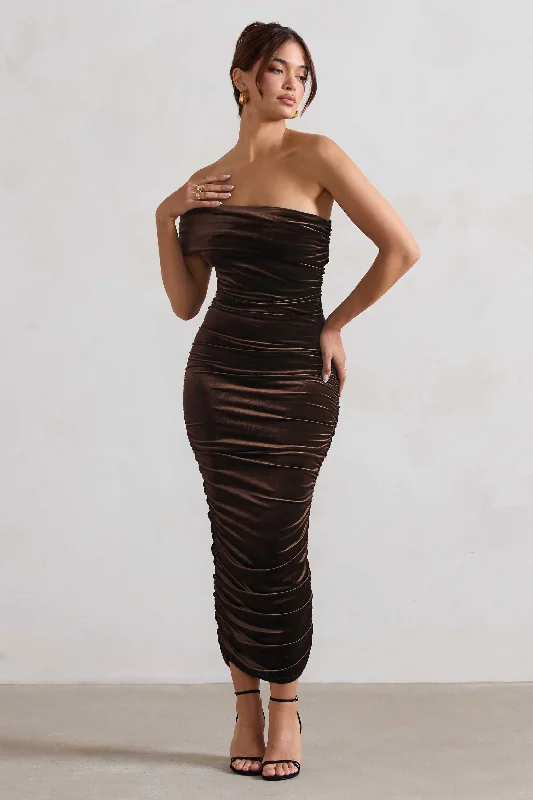 Strapless Women Dress with a Built - in Bra for Comfort and SupportRemember Me | Chocolate Velvet One Shoulder Midi Dress