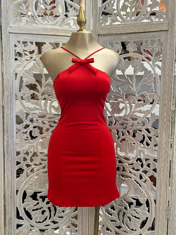 Strapless Women Dress with a Built - in Bra for Comfort and SupportRibbon Red Mini Dress- Stretchy