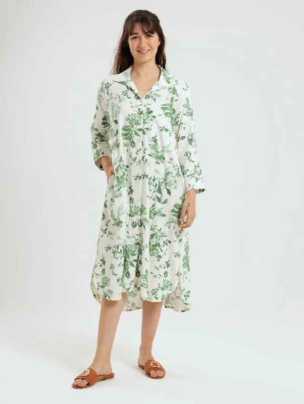 Long - Sleeve Women Dress in Velvet for a Luxurious Winter LookRiver Indigo Dress- Green Floral