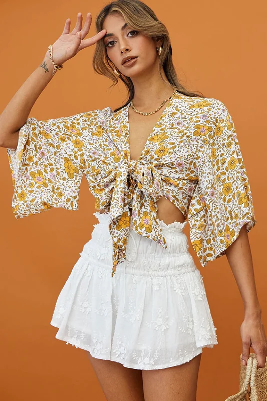 Backless Women Dress for a Sexy and Alluring Look at Evening EventsRivera Deep-V Tie Front Crop Top Floral Print White/Yellow