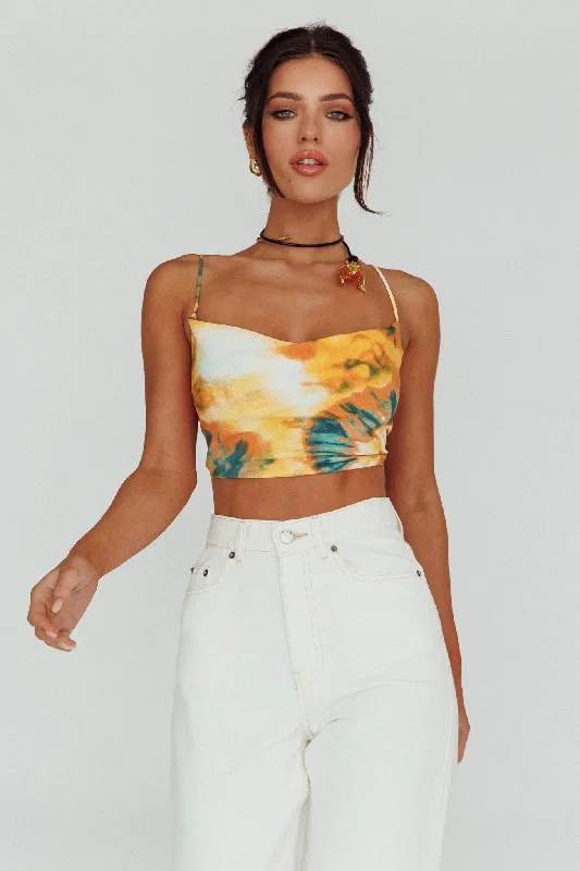 Mini Women Dress with a Short Hem for a Young and Trendy StyleShow Me Love Cowl Neck Tied Back Crop Top Tie-Dye Yellow