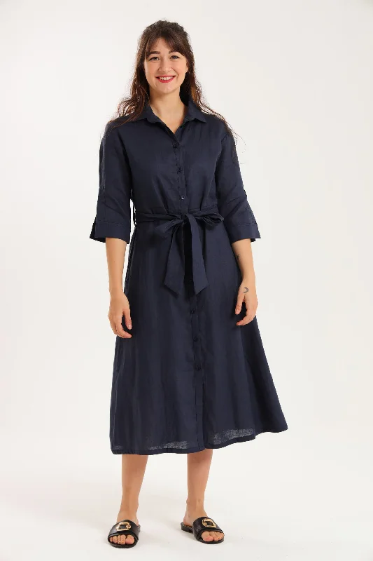 Ruffled Women Dress with Multiple Layers for a Playful and Girly StyleSpring Shirt-Waister: Navy