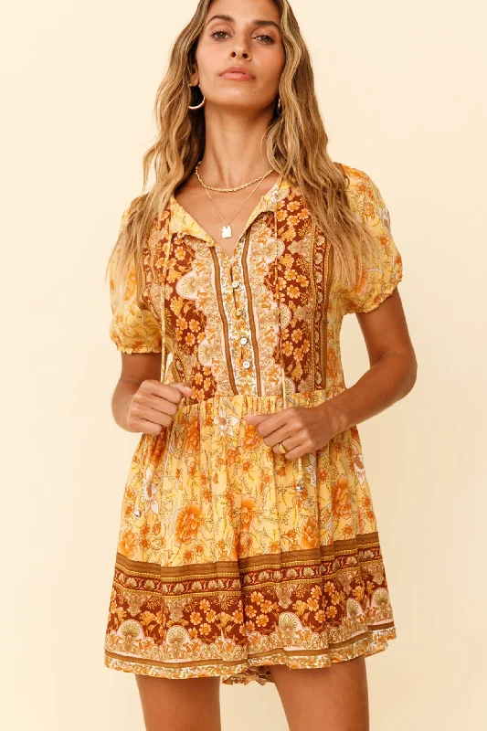 Off - the - Shoulder Women Dress for a Romantic and Feminine LookTime Flies Puff Sleeve T-Shirt Romper Boho Floral Print Yellow