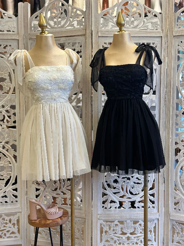 Lace - Embellished Women Dress for an Elegant and Sophisticated AppearanceTulle Bow Strap Dress- Not Stretchy