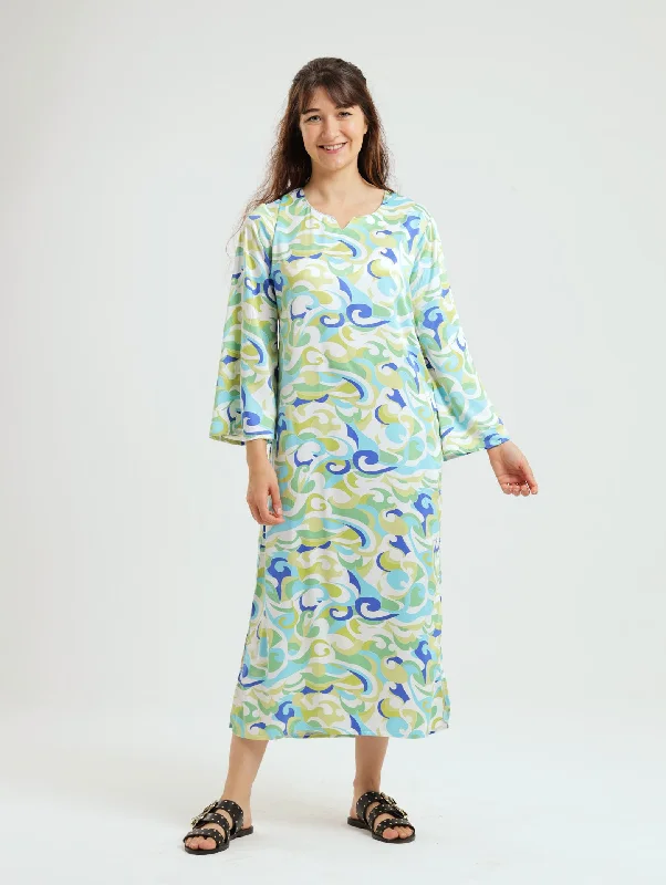 Off - the - Shoulder Women Dress for a Romantic and Feminine LookWattle Kaftan: Green Swirl