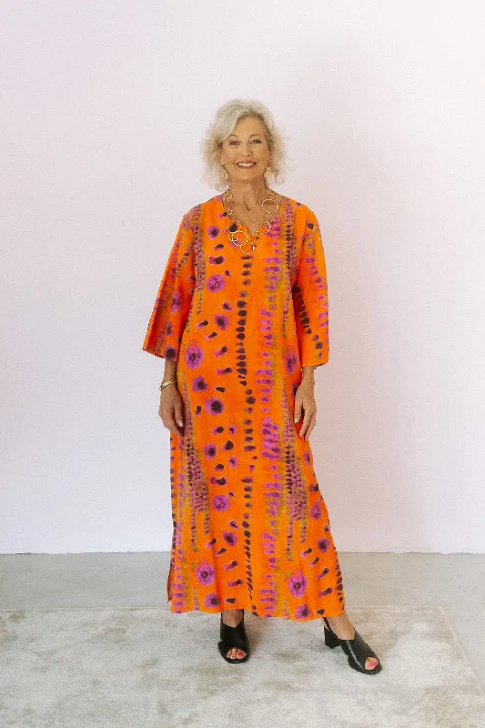 Maxi Women Dress with Floral Print for a Bohemian VibeWattle Kaftan- Orange