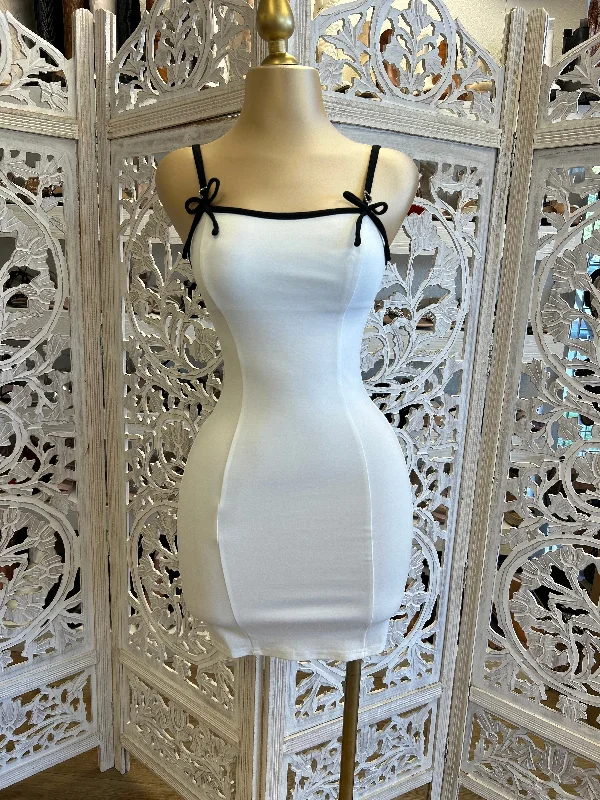 Plus Size Women Dress with a Flattering A - Line Cut for Comfort and StyleWhite Ribbon Strap Bodycon Dress- Stretchy